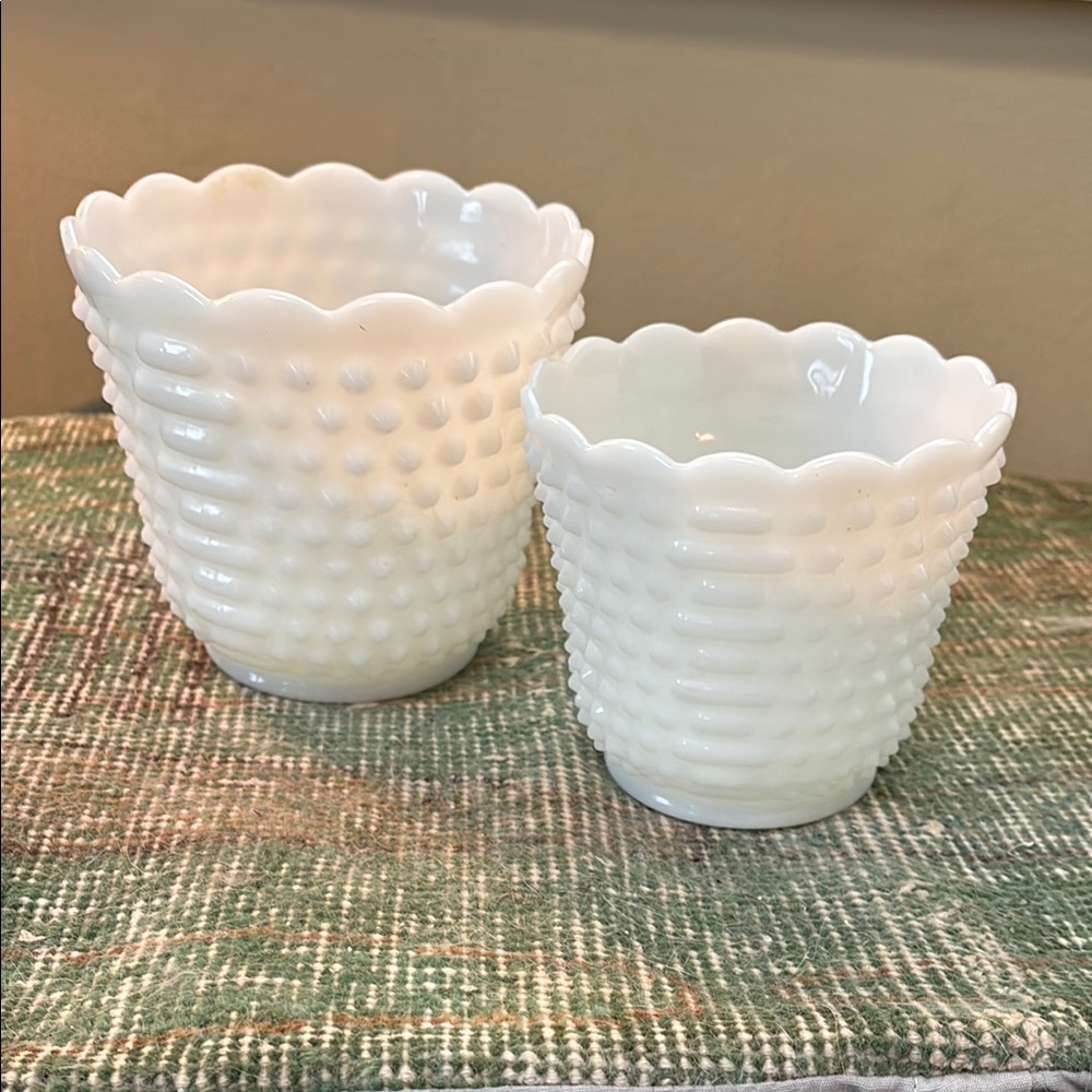 Two white milk glass hobnail plant pots